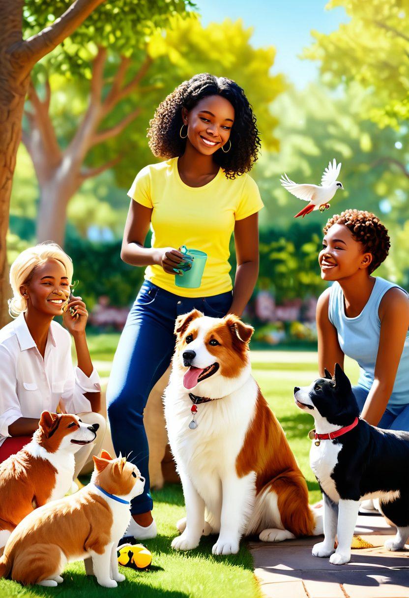 A heartwarming scene of a diverse group of pet lovers caring for their happy pets in a sunny park. Include a dog being groomed, a cat playing with a toy, and a person with a pet bird on their shoulder. Add elements like plants, pet accessories, and cheerful expressions to convey love and dedication. super-realistic. vibrant colors. sunny atmosphere.