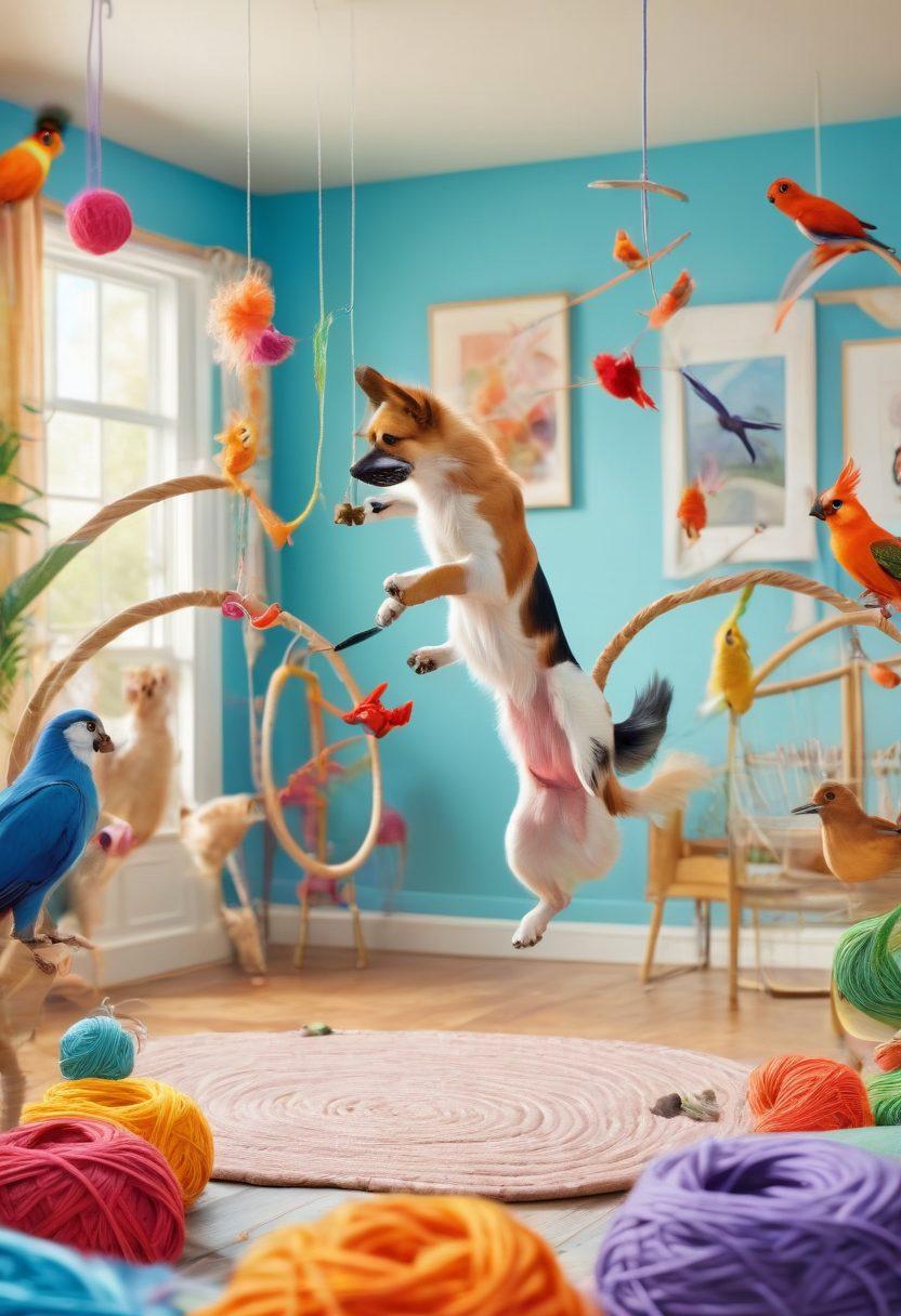 A lively scene capturing a variety of animals in playful antics, showcasing dogs jumping through hoops, cats chasing colorful yarn, and exotic birds flying around. Include a vibrant pet care area with toys, snacks, and grooming tools in the background. The atmosphere should feel energetic and whimsical, appealing to pet lovers and adventure seekers alike. cartoon style. vibrant colors. dynamic composition.