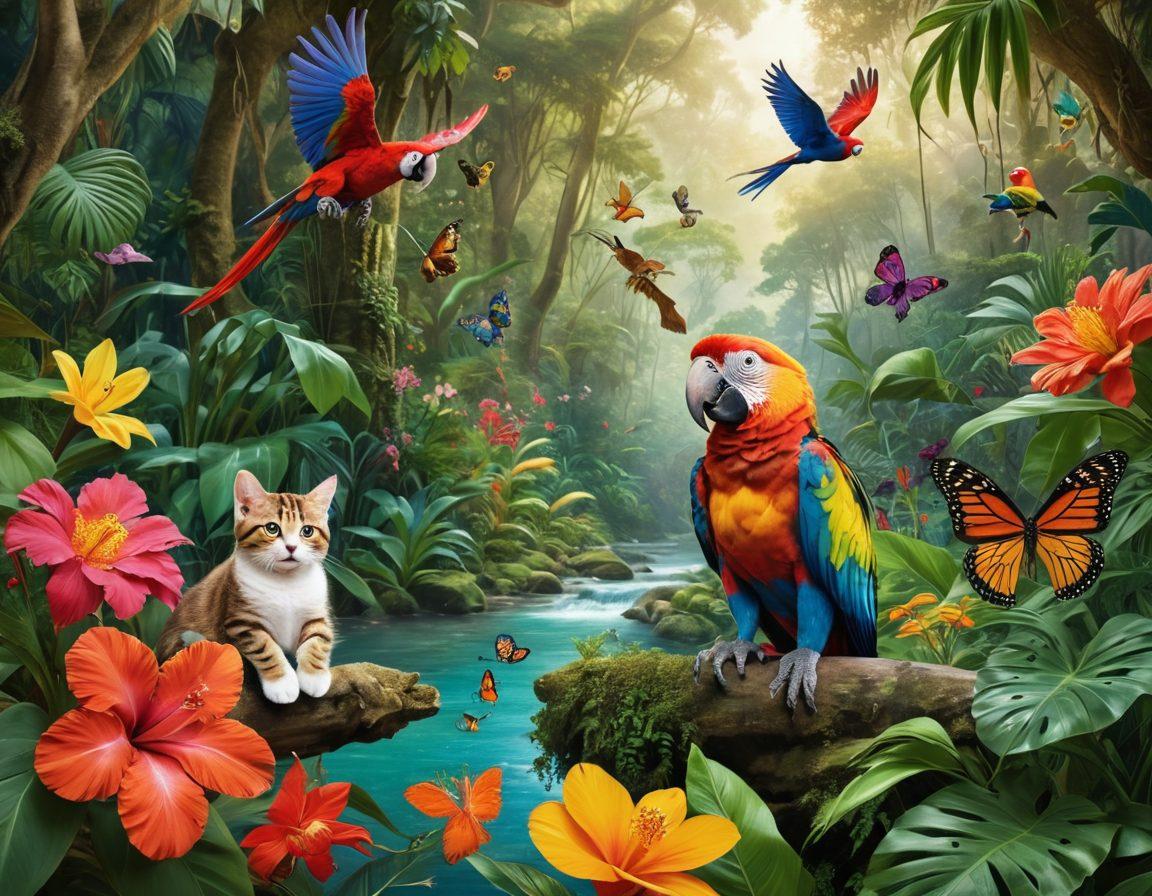 A vibrant collage showcasing various animals: a playful puppy, a majestic cat, a colorful parrot, and a curious monkey, all interacting in a lush jungle setting. The background features a sunlit forest with exotic plants and flowers, creating a sense of adventure. The animals should exhibit their unique personalities while maintaining a sense of harmony and friendship. Add whimsical details like butterflies and a sparkling river to enhance the scene. colorful, whimsical style. 